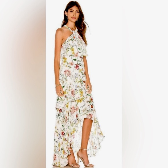 Parker Fillipa Sleeveless Halter Neck High/Low Ruffle Maxi Dress Floral Sangria - Picture 5 of 10